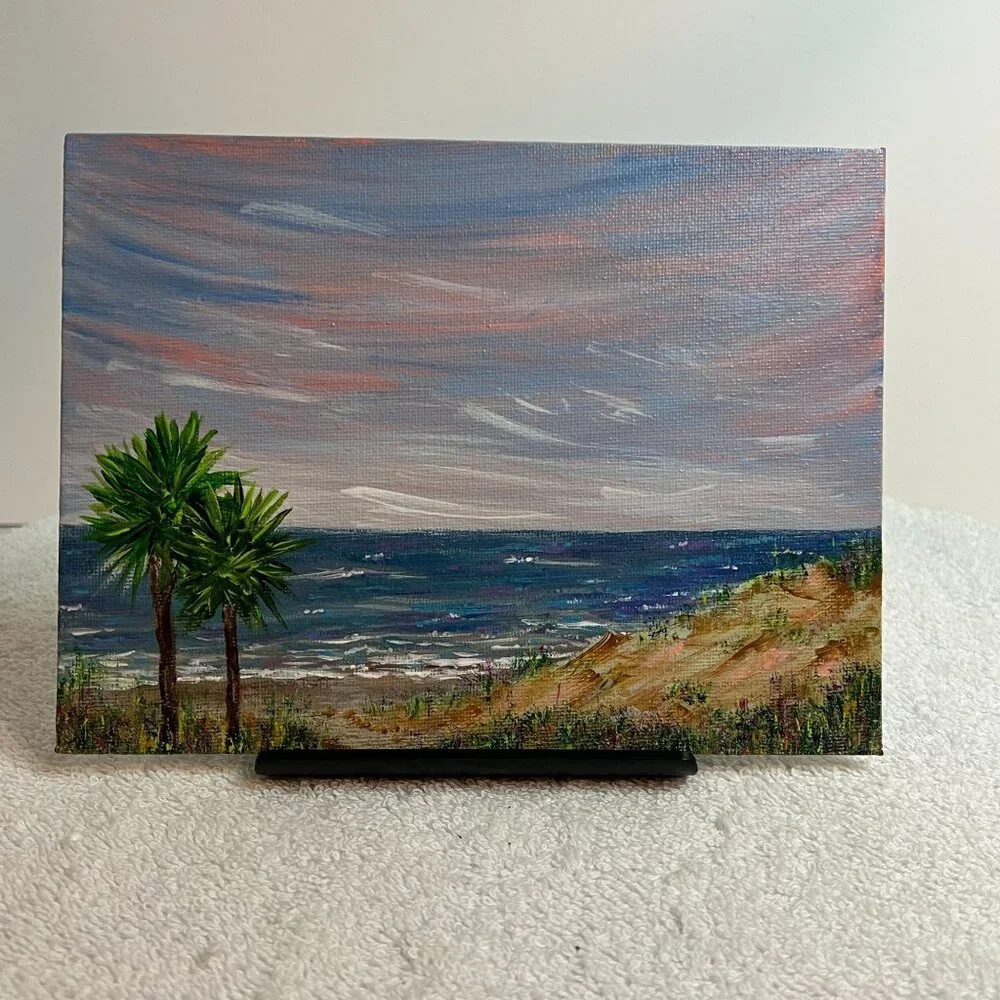 Our Beach Seaside Painting in Size 6" x 8" Landscape Acrylic on Canvas Panel - Picture 4 of 7